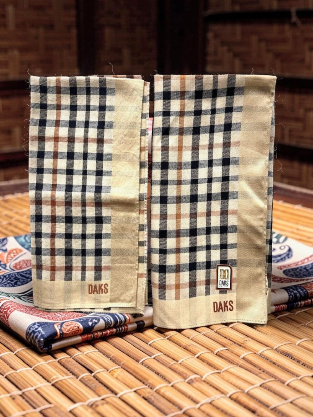 2: New DAKS London Men/Women Handkerchief 19" beige gold brown gray check (50)